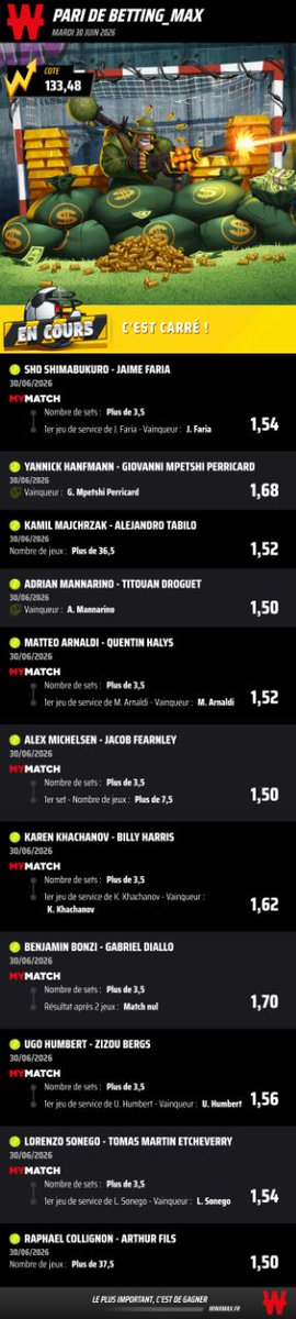 BETTINGMAXX's tweet photo. ⭐ WIMBLEDON 🇬🇧 - 30/06 🗓️

Côte : 133,48 🎯

🤯5 VIP de 1 Mois Offert si ça passe pour ceux qui ont RT 🔄 OU ❤️!!

Lien du Canal Public👇
https://t.co/lI7GAbRAkB

Comme d'hab, j'ai posé un 2nd ticket avec 0,10€ dessus pour ne pas influencer vos mises👇
https://t.co/JgyCoTEzKh https://t.co/bQUtMI4K9b