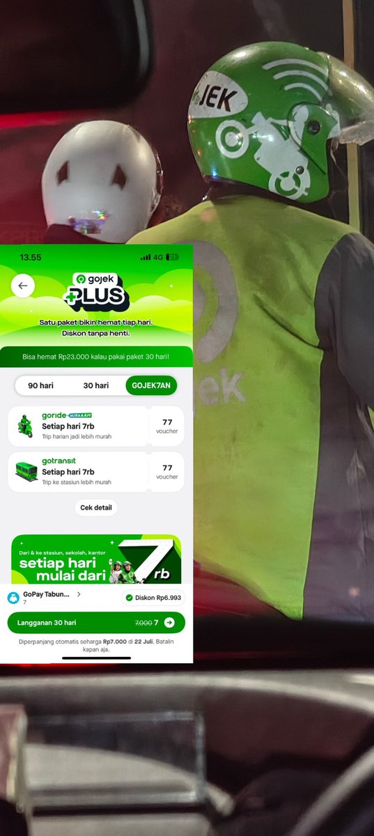 dekusadi's tweet photo. Guys ada yang baru dari Gojek, Paket GOJEK7AN. dengan Beli paket Rp7/bulan bisa Pake GoRide MURAAAH mulai dari 7RB untuk perjalanan dari/ke stasiun, halte, kantor, sekolah, atau kampus, yuk mulai langganan paket GOJEK7AN di @gojekindonesia https://t.co/qaT3ksdBt5