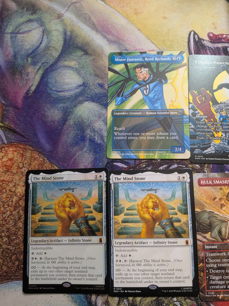SmileyGames4evr's tweet photo. I finally got my marvel mtg box and wooowheee I think it cooked making the brain go brr 
Can't believe I got two friggin mind stones https://t.co/9xrZ8ppwqT