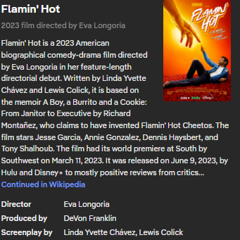 WomanDefiner's tweet photo. Fun fact, the movie 'Flamin' Hot' depicting the creation of Hot Cheetos is actually not real at all. Mexican and black line workers didn't come up with the idea and pitch it to corporate. In fact it was Frito Lay's own research and development team that came up with the idea. The motion picture is pure fiction.