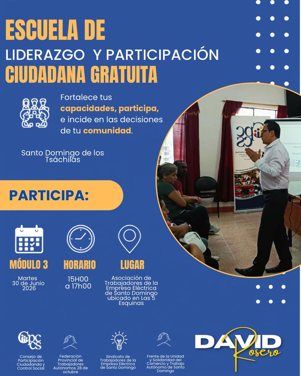 davidroserow's tweet photo. Cordial invitación amigas y amigos de Santo Domingo de los Tsáchilas a la Escuela de Liderazgo y Participación Ciudadana, tercer módulo: https://t.co/l8yhIPqtT5