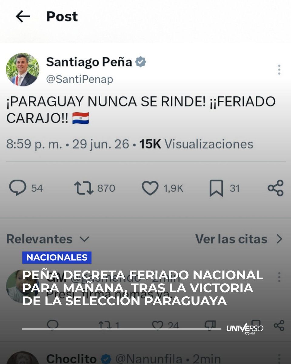 Universo970py's tweet photo. #Nacionales | ¡¡OFICIALMENTE FERIADO!!

🇵🇾🥳 El presidente de la República, Santiago Peña, decreta mañana martes 30 de junio, feriado nacional.

🤩🙌 Esto ameritó tras la hazaña de la Albirroja, quien eliminó a la tetracampeona del Mundo, Alemania.

📻 #Universo970AM https://t.co/Fwt9TduWqM