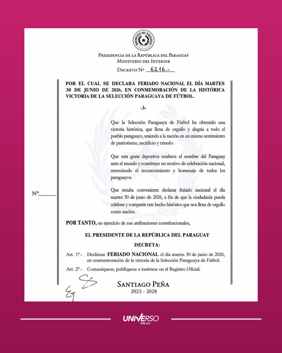 Universo970py's tweet photo. #Nacionales | ¡¡OFICIALMENTE FERIADO!!

🇵🇾🥳 El presidente de la República, Santiago Peña, decreta mañana martes 30 de junio, feriado nacional.

🤩🙌 Esto ameritó tras la hazaña de la Albirroja, quien eliminó a la tetracampeona del Mundo, Alemania.

📻 #Universo970AM https://t.co/Fwt9TduWqM