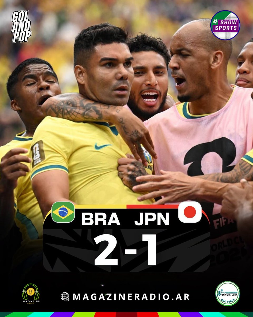 wjucaniMagazine's tweet photo. 💥🇧🇷 ¡TRIUNFO AGÓNICO DE LA CANARINHA!
📊 #Brasil 2 – 1 #Japón

⚽️ Goleadores:
• Casemiro
• Martinelli

📍 16avos de final – Copa del Mundo #FIFAWorldCup
🔜 En octavos espera al ganador de Costa de Marfil vs Noruega

#FIFAWorldCup #Mundial2026 #MagazineRadio #ShowSports https://t.co/J7xwKWv5kN