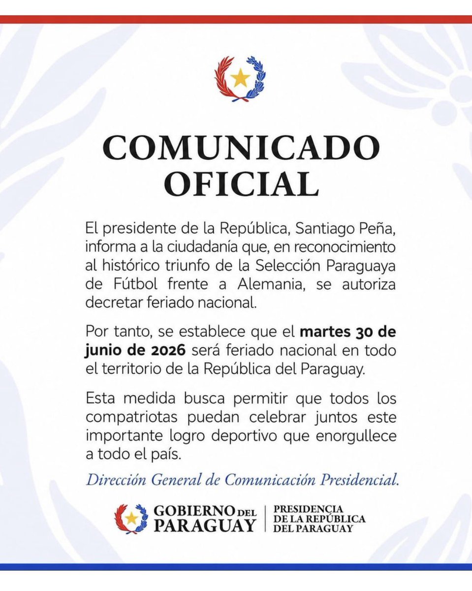 ChrisLandauUSA's tweet photo. Congratulations to my friends from Paraguay on their team’s upset victory over Germany this evening. President @SantiPenap has just declared tomorrow a NATIONAL HOLIDAY there for everyone to celebrate this historic achievement! 🇵🇾⚽️ ¡Maitei angirũnguéra! https://t.co/Ue6R9O3gWb