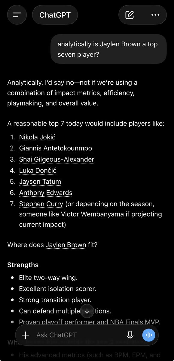 Taijon89's tweet photo. Chat GPT stated that Jaylen Brown is not considered one of the top seven players in the league analytically. definitely top 2 for the celtics i’d say tho. https://t.co/z8wsaPEwm5