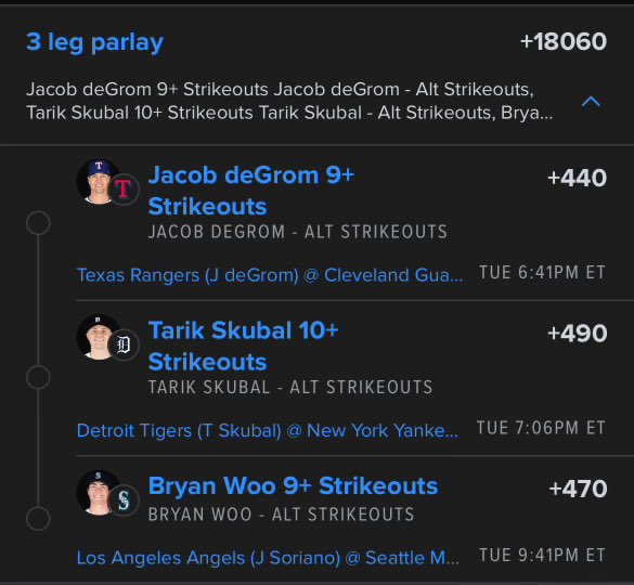 IIPatll's tweet photo. Fair value estimate of about +3500 on this. No hesitation lol.

+200 FV on deGrom
+300 FV on Skubal
+210 FV on Woo https://t.co/Gaipao6Gdb