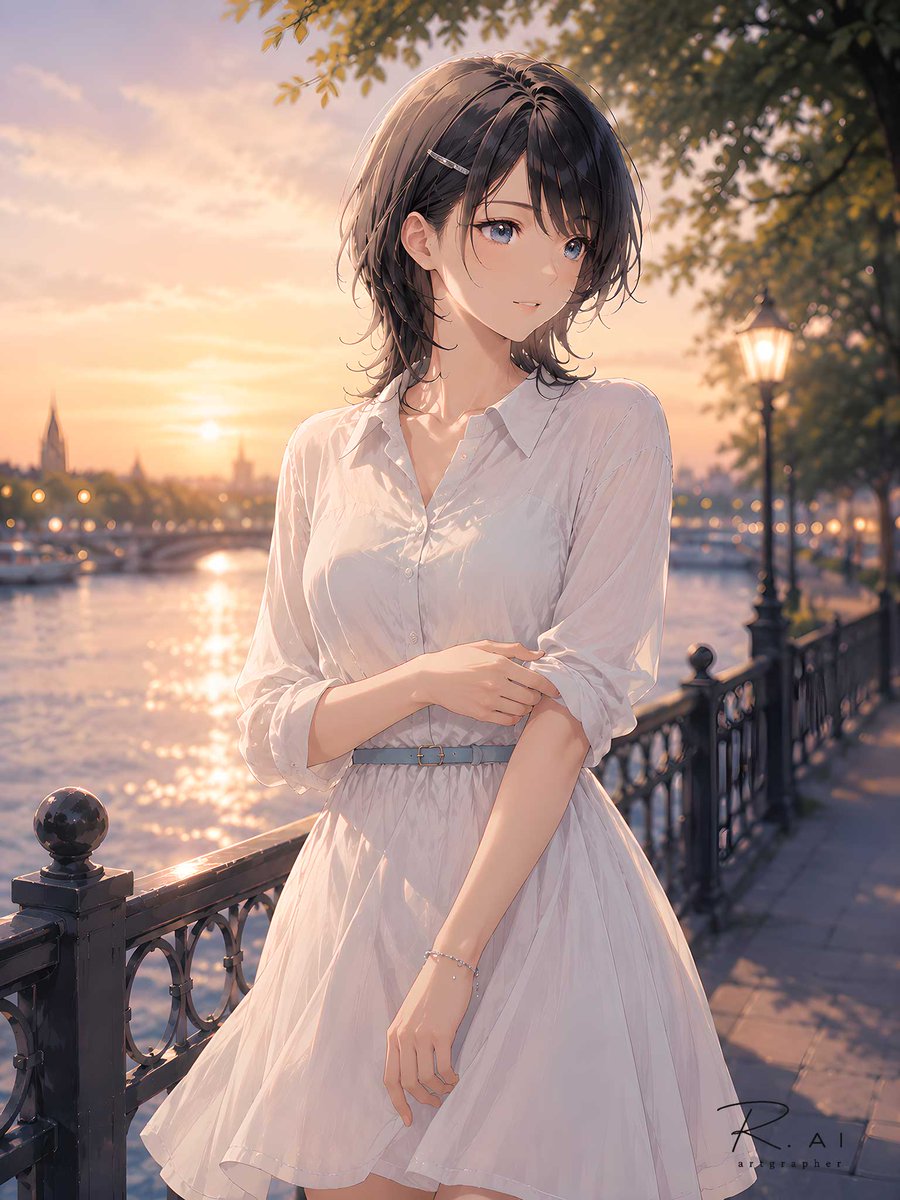 REd8358's tweet photo. 『カナ - 夕映え、川辺にほどける白』
川面の光が、白いワンピースの輪郭までやわらかく照らしていた。 https://t.co/GTkB7PzNFk