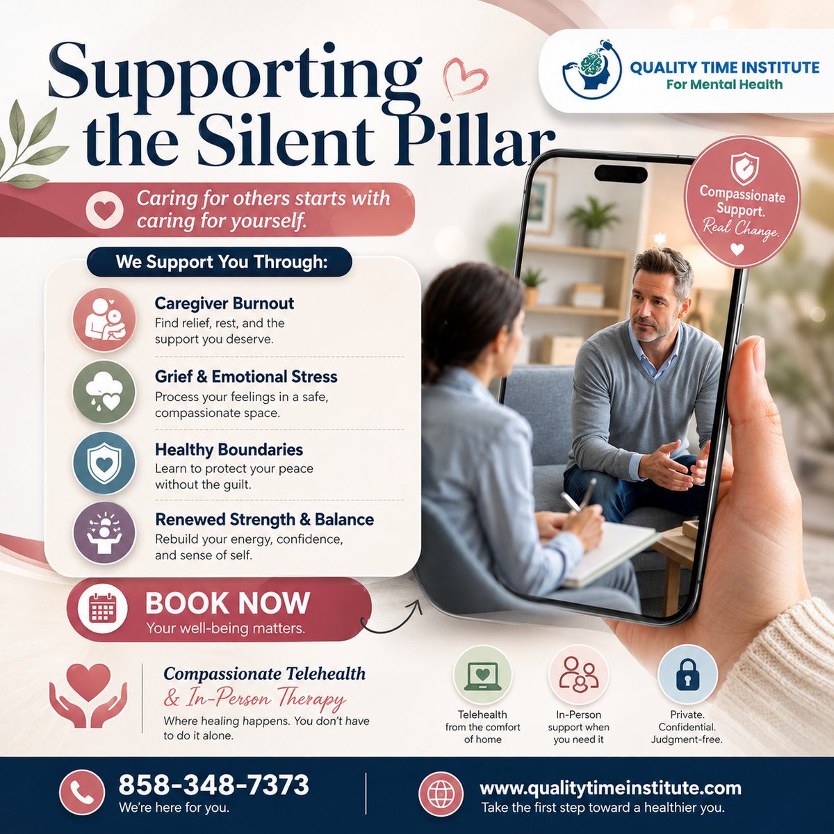 QTIMH's tweet photo. Quality Time Institute provides compassionate telehealth &amp; in-person therapy to help you find relief, rest, and real change:

- Caregiver Burnout
- Grief &amp; Emotional Stress
- Healthy Boundaries
- Renewed Strength &amp; Balance

Call 858-348-7373 or visit https://t.co/P7YqCAHjS1 https://t.co/yfsCQ8nEjl