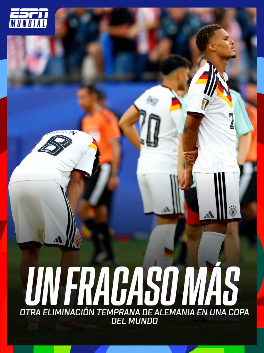 ESPNArgentina's tweet photo. 🇩🇪👎 ALEMANIA SUMÓ OTRA DECEPCIÓN EN MUNDIALES:

🏆❌ 2018: Fase de grupos.
🏆❌ 2022: Fase de grupos.
🏆❌ 2026: 16vos de final.

⚽ #ESPNMundial

📺 Mirá los mejores partidos de la #FIFAWorldCup por ESPN, en el Plan Premium de #DisneyPlus https://t.co/pVqW5oJ5rm