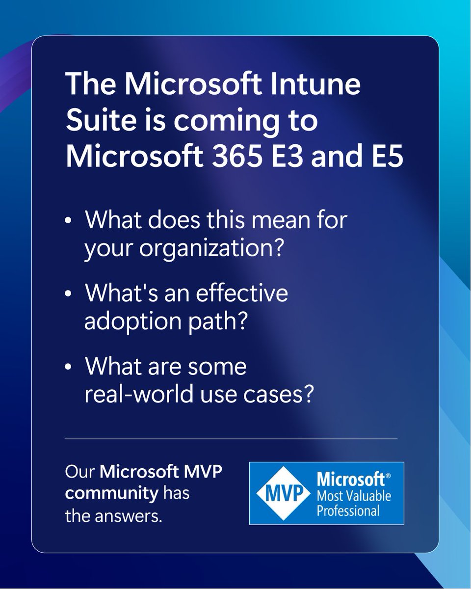 MSIntune's tweet photo. Hear directly what Microsoft MVPs have to say about the advanced Microsoft Intune capabilities coming to Microsoft 365 E3 and E5.

Read the full community round-up: https://t.co/jQ7y4f6lLh https://t.co/AS4Vss8Jbx