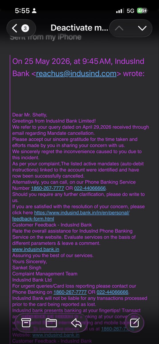 MyNameisSVS's tweet photo. @MyIndusIndBank @MyIndusIndBank is your bank serious yet ? Even after you confirming on the email my ECS still not deactivated and my amount is still getting debited . I want all my amount refunded or else will take this up legally enough is enough screenshots of IndusInd bank confirmation &amp; sms https://t.co/5s1pqS30J0