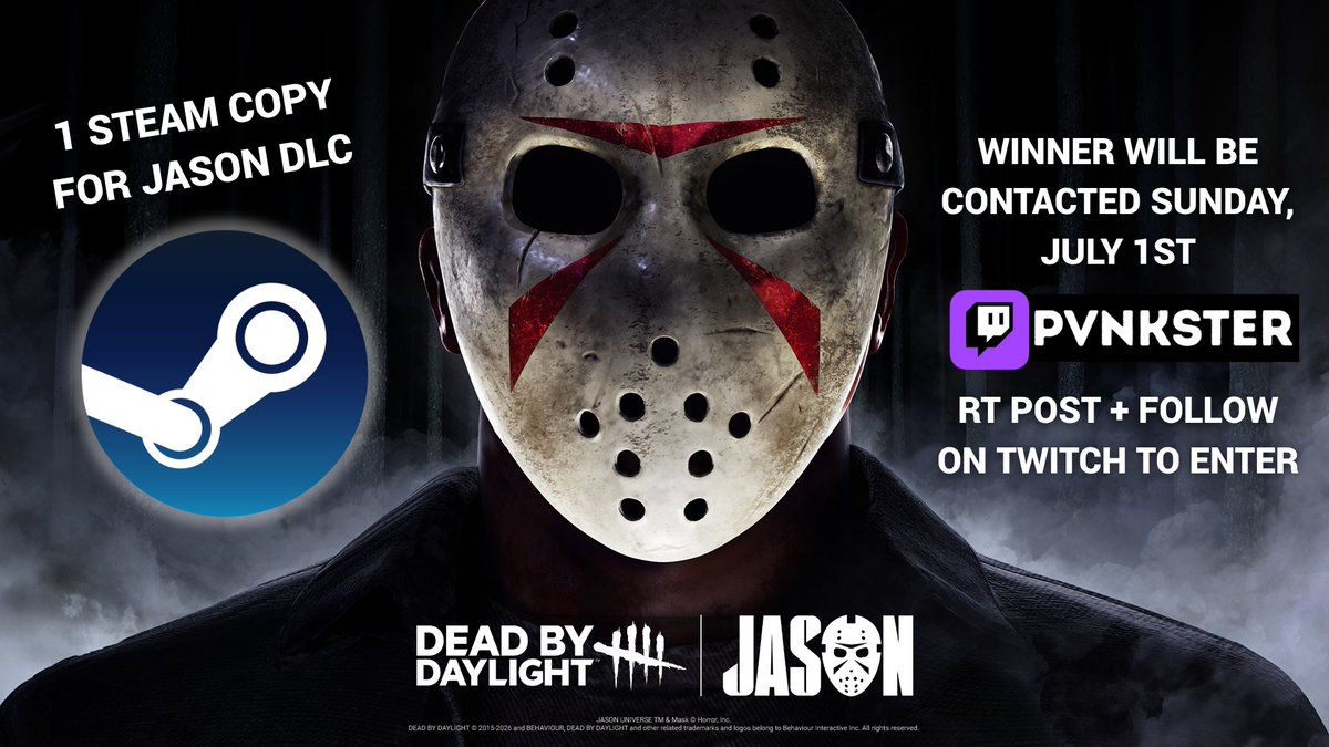 PVNKSTER's tweet photo. Doing this giveaway again because apparently I need to be more clear LOL 

I am giving away ONE COPY of the Jason DLC! 🔪 not a code - a STEAM COPY! This means I need to give this to someone who DOES NOT OWN Jason already. It is not a code to give away to a friend - it is a copy from Steam I am personally gifting to one of you.

Make sure to RT this post and follow me over on Twitch 🖤 I'll be announcing the winner JULY 1ST