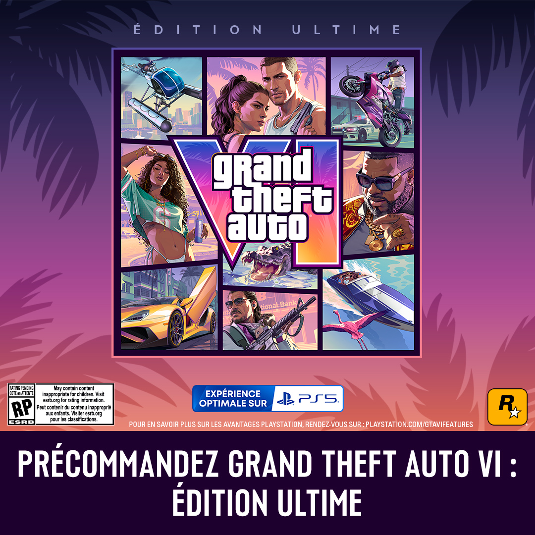 RockstarGames's tweet photo. Bienvenue en Leonida, l'État où tout est permis. Profitez de tout ce que cet immense univers peut vous offrir grâce à Grand Theft Auto VI : Édition Ultime, une collection de véhicules, d'armes et de tenues premium, ainsi que de l'action

Précommandez maintenant sur PlayStation 5
