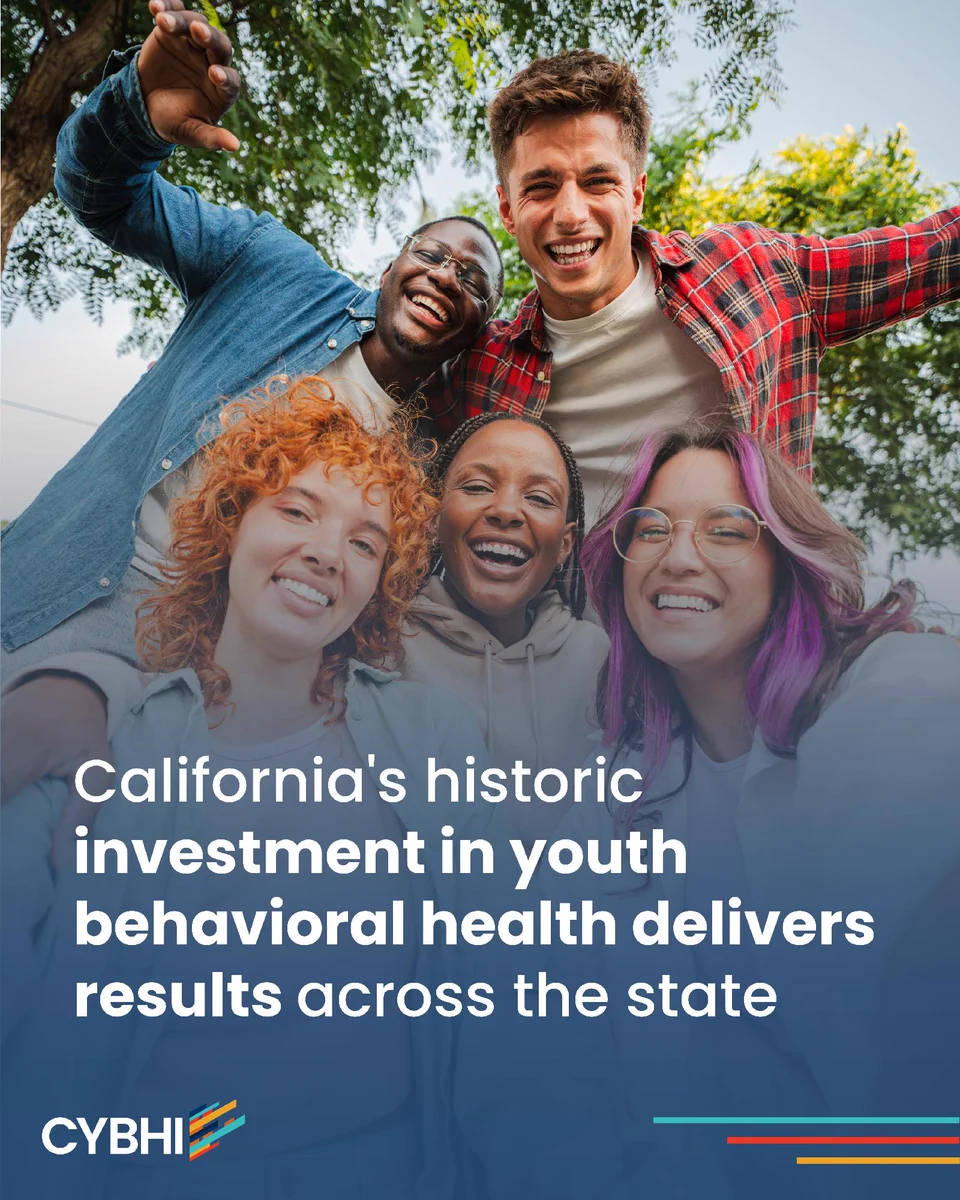 Four people smiling and huddling closely together outdoors, with trees in the background. Text over the image reads: "California's historic investment in youth behavioral health delivers results across the state." The CYBHI logo is at the bottom.