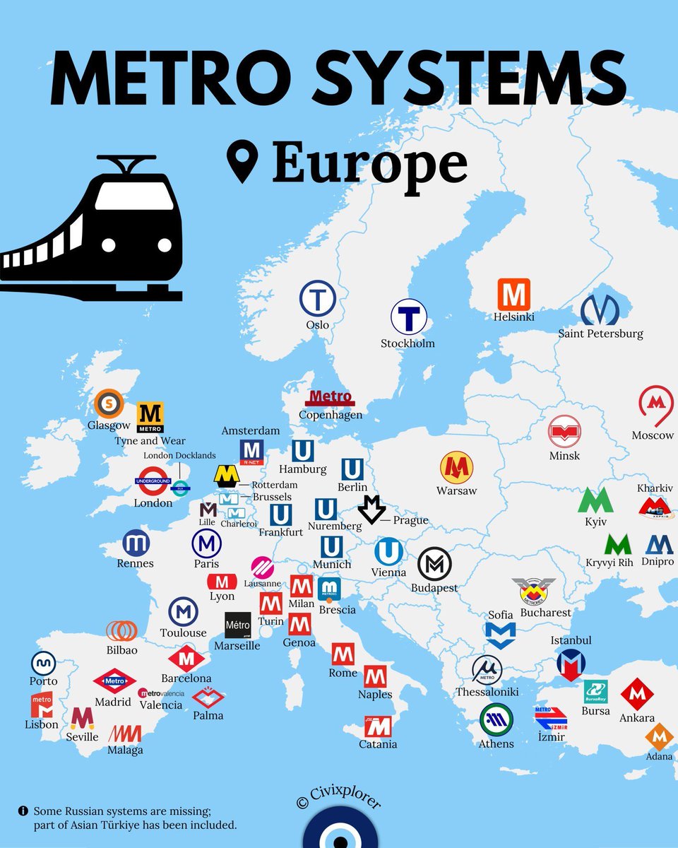 simongerman600's tweet photo. This map by @civixplorer annoyed me. Why do cities within a country get to have different logos for their metros? That’s confusing. One simple logo for all metro systems in a country is the way to go. But I would of course say that as a German… https://t.co/OJQHOlgOcc