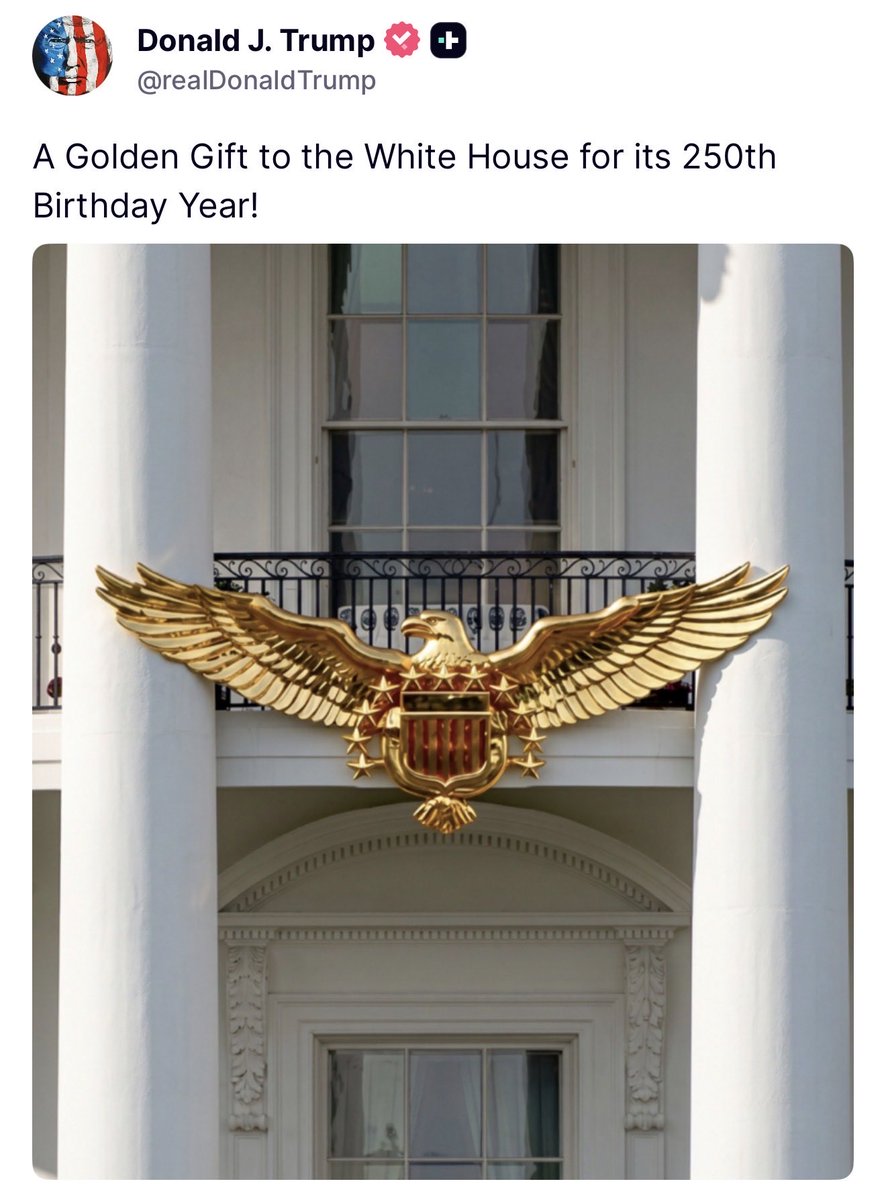 MAGAVoice's tweet photo. LOVE THIS ❤️ President Trump just now posted a photo of a GOLDEN Bald Eagle GIFT for the White House and America’s 250th birthday

IT LOOKS BEAUTIFUL 🙏 https://t.co/OdmHmuTfhl