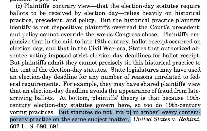 thevivafrei's tweet photo. SCOTUS RULINGS UPDATE AND ANALYSIS: 

You want to know what "motivated reasoning" looks like?

2 Supreme Court decisions today. One on "Same Day" election, the other on Trump's Executive Authority to fire - FOR CAUSE - an alleged criminal on the fed.

In order to get out of the "same day" voting, the Court (under Amy Coney Barrett) dispenses of 200 years of history and precedent by saying "...statutes do not ‘tra[p] in amber’ every contemporary practice on the same subject matter." Ex. 1.

When it comes to denying Trump the authority to fire - FOR CAUSE - an alleged criminal on the fed, they write: "and would not so quickly unsettle this "special arrangement sanctioned by history." Ex. 2.

This is the definition of "motivated reasoning". 

When you want to get to your desired conclusion of counting ballots for 5 extra days, you disregard 200 years of precedent and history.

And when you want to get to your desired conclusion of denying the Commander in Chief the ability to fire - FOR CAUSE - you invoke 100+ years of history and precedent. 

Rubbish.

Judicial cowardice.

Judicial corruption.

Thy name is Barrett and Roberts.