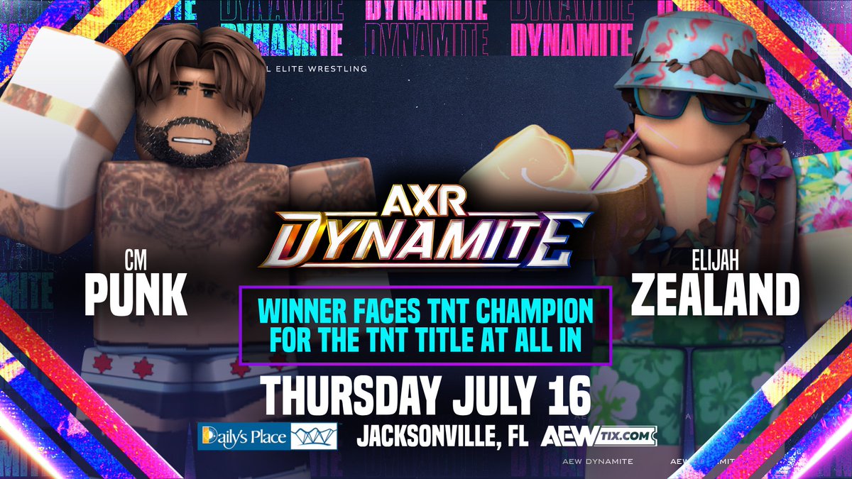 axrwrestling's tweet photo. #AXRDynamite
July 16, 2026
@AXRCMPunk vs. Elijah Zealand

CM Punk has went out on social media to announce his disappointment that he wasn't included on the DoN card.. Elijah Zealand wants to protect AXR from Punk, these two men will go at it on the first ever Dynamite! https://t.co/NrO12Wf9KI