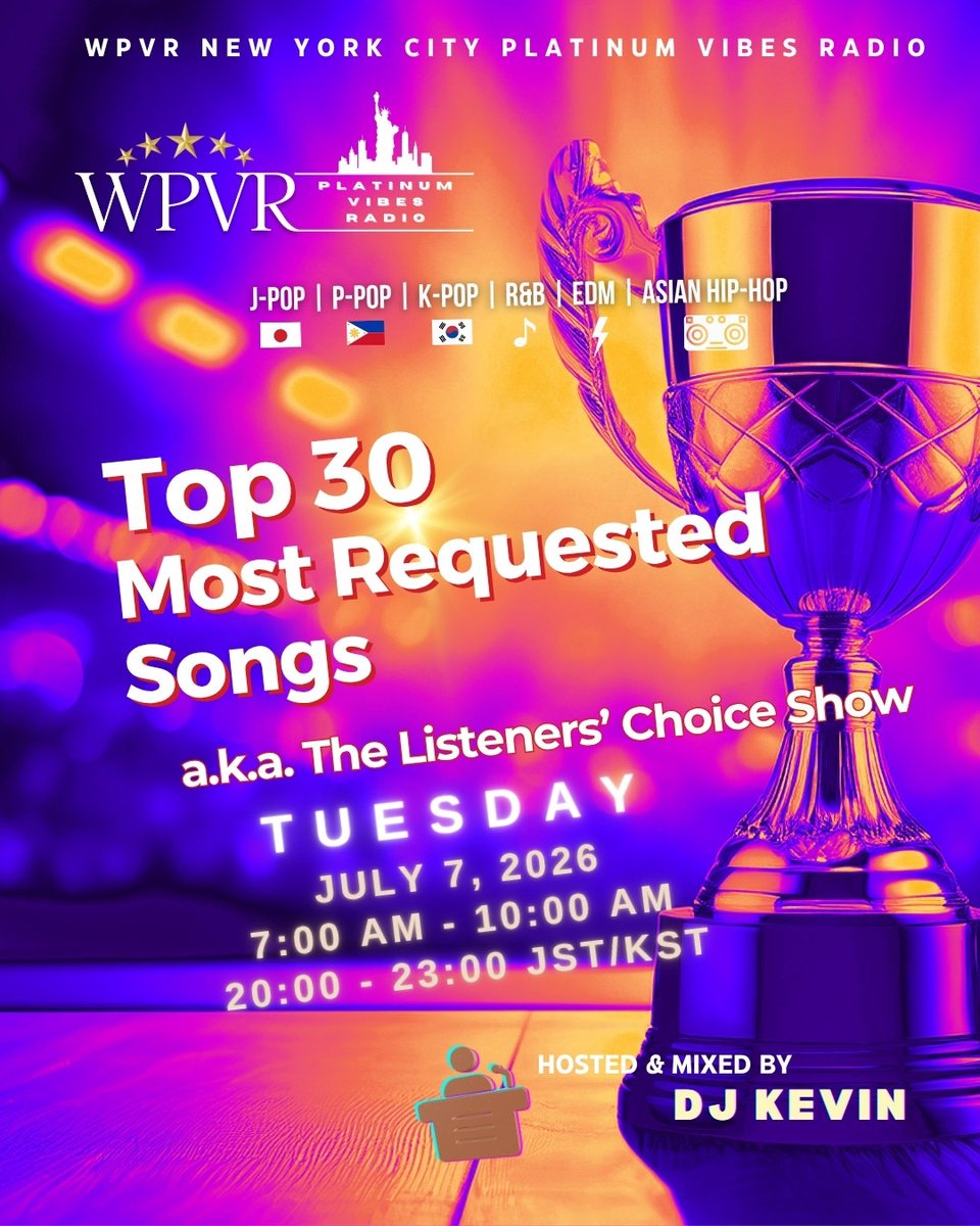 platinumvibes8's tweet photo. 🎙️Greetings, we have upped the ante and we now introduce the Top 30! Tuesday, July 7, 2026;7:00-10:00 | 20:00-23:00 Japan/Korea; 19:00-22:00 PHT, WPVR NYC Platinum Vibes Radio will broadcast live the exciting results of the "Top 30 Most Requested Songs," a.k.a. "The Listeners' Choice Show."
DJ Kevin will host and mix the show, providing background and fun facts about songs 1-25! Numbers 26-30 will be announced at the beginning of the show.
The top 3 rankings will receive a Platinum Vibes Blast on Friday, July 10, 2026 : (1) 30 minutes; (2) 20 minutes; (3) 15 minutes, and the song with the biggest increase in chart ranking will receive a 10-minute Rapid Fire Mode Mix
Listen to the exciting results at:
https://t.co/0PIniaQKhN. Thank you for listening!
#wpvr #DJKevin #wpvrtop30 #liveradio #radioshow