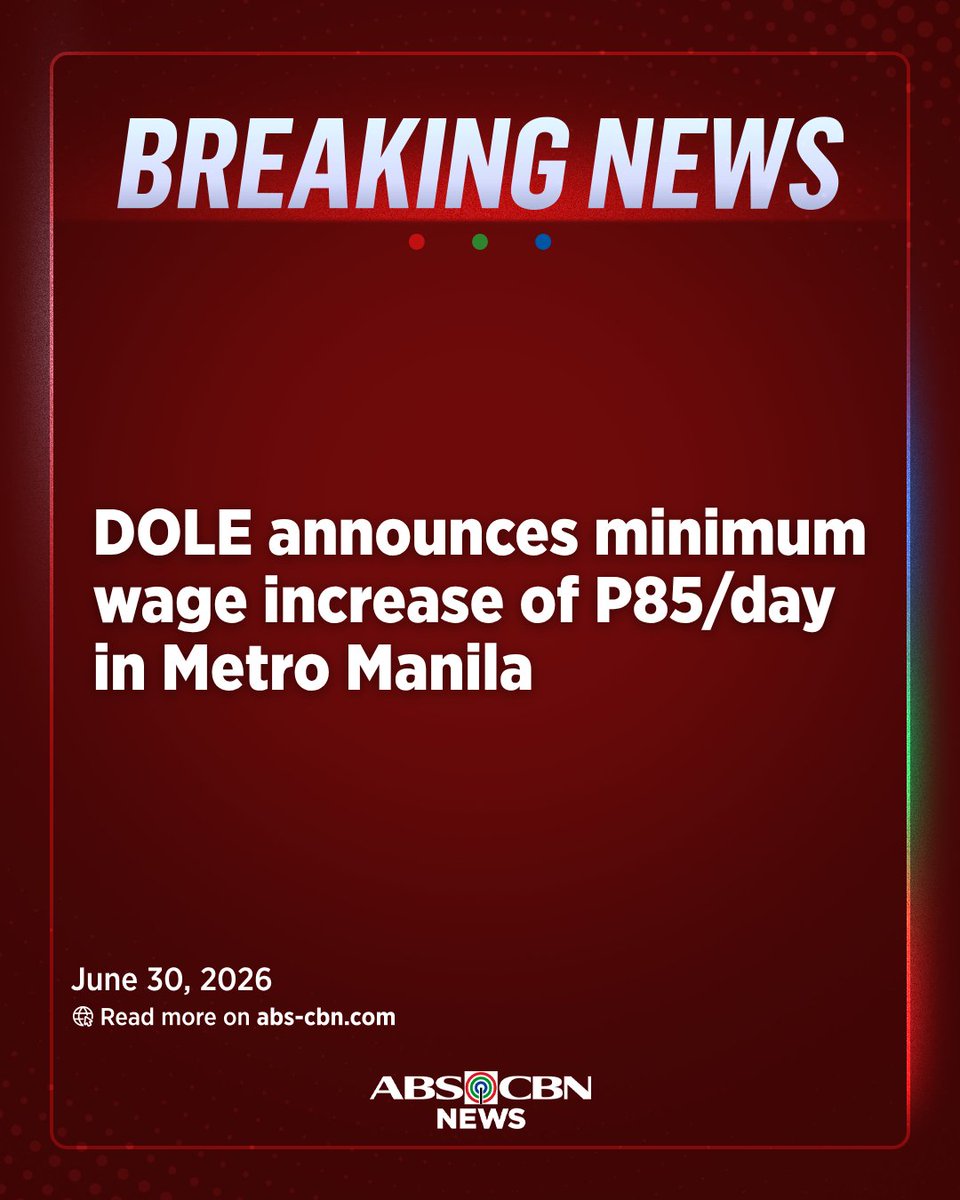 ABSCBNNews's tweet photo. BREAKING: Labor Secretary Francis Tolentino announces a wage increase of P85 per day in Metro Manila.   

He says 1.1 million minimum wage earners will benefit from this 'historic' increase. | via @JervisManahan https://t.co/z5PrHTBleT