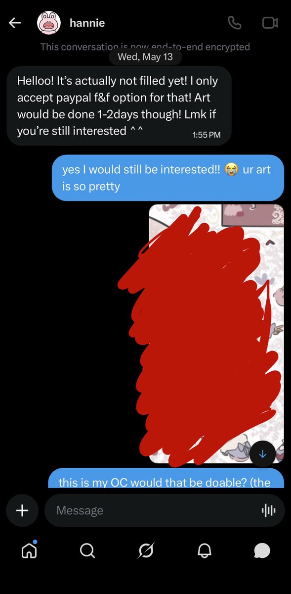 hellodesittv's tweet photo. i hate to make a post like this. but please BEWARE commissioning her. i know im small so this may not get much reach but i have been reaching out about my commission (i was promised 1-2 days) and ive been ghosted :\ no refund or art and no communication https://t.co/ORFDd8wwEj