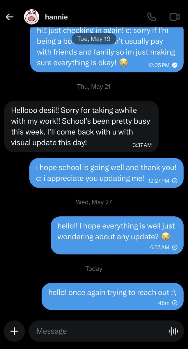 hellodesittv's tweet photo. i hate to make a post like this. but please BEWARE commissioning her. i know im small so this may not get much reach but i have been reaching out about my commission (i was promised 1-2 days) and ive been ghosted :\ no refund or art and no communication https://t.co/ORFDd8wwEj