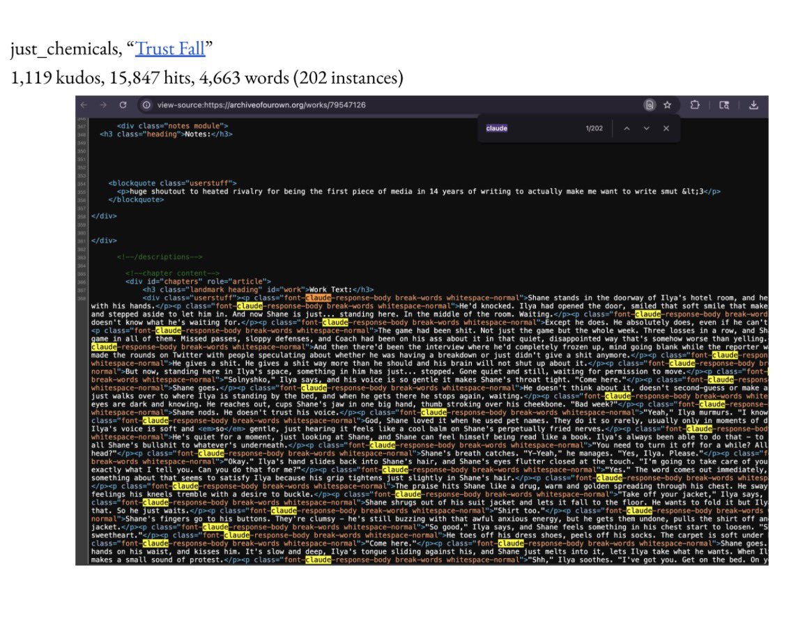 tgirleddie's tweet photo. a 4k word fic having 202 individual copy pastes straight from claude u gotta be fucking illiterate at that point😭 https://t.co/HBCRVAf3iO
