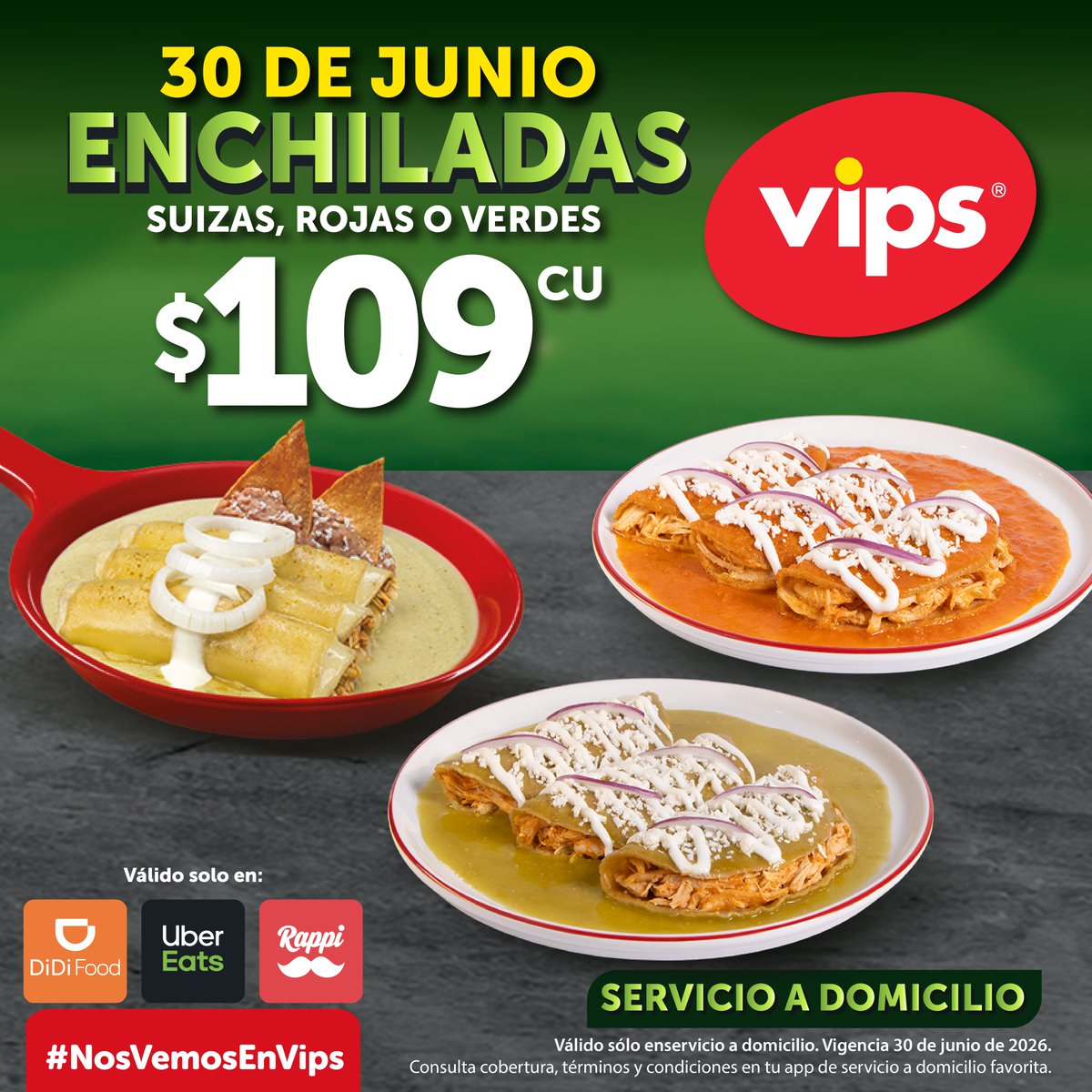 VIPS_MX's tweet photo. Antes de que empiece el juego 🏟️ arma la mejor estrategia: ¡Pide tus enchiladas en Vips 🛵 Encuentra nuestra promoción en tu app favorita de servicio a domicilio 🫶🏼 Sólo el 30 de junio 🫰🏼 #NosVemosEnVips https://t.co/KauY0IxGxu
