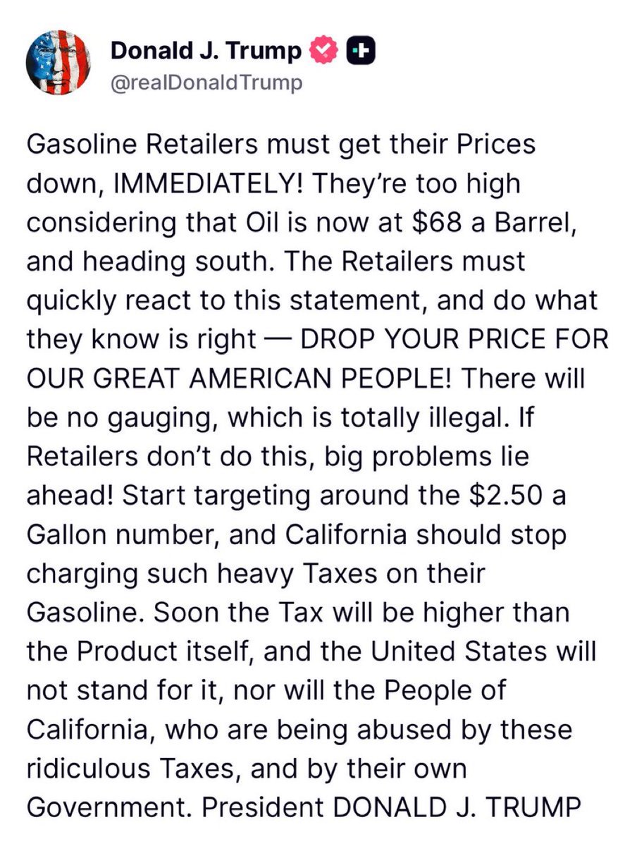 WUTangKids's tweet photo. Sounds like communism….didn’t he just say that’s the biggest threat to America? 

Also instead of yelling at "retailers" prob should be yelling at his buddies that run the big oil companies https://t.co/2a9aPCKWNZ
