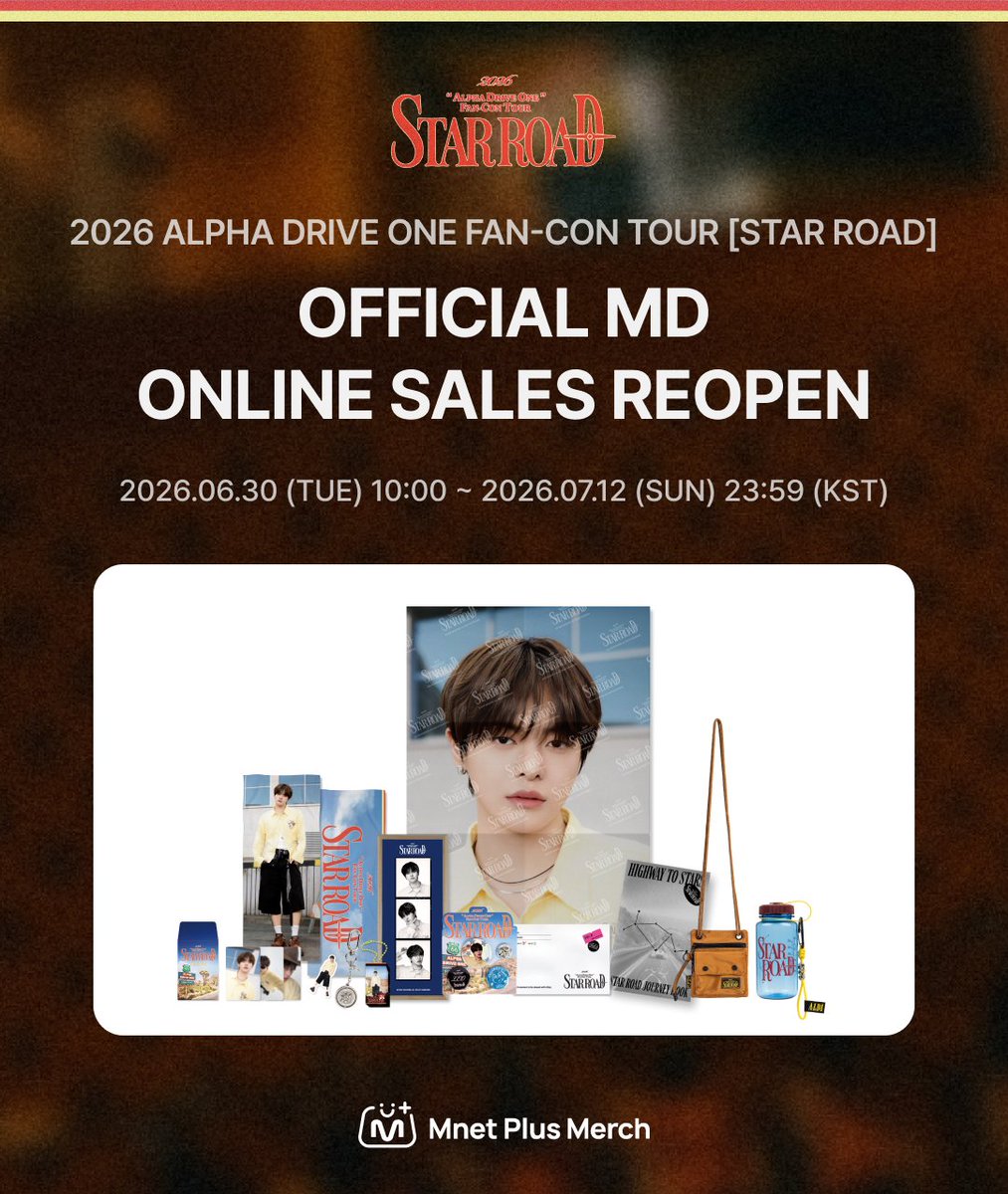 mnetplusmerch's tweet photo. [#MM] MERCH & EVENT! | 2026 ALPHA DRIVE ONE FAN-CON TOUR［STAR ROAD] OFFICIAL MD ONLINE SALES REOPEN💫
 
📅판매 오픈 : 2026.06.30(화) 10:00 (KST) 
📣구매 특전 이벤트 : ~ 7/12(일) 23:59 (KST) 
- 7만 원 이상 구매 시 단독 포토카드 7종 중 1장 랜덤 증정 (오프라인 구매 특전 이미지와 동일)   
- FAN-CON TOUR [STAR ROAD] OFFICIAL MD 구매 금액으로만 적용되며, 일부 품목은 제외됩니다. 
(제외 품목 : 공식 응원봉, 응원봉 크로스바디 백, 랜덤캡슐토이, 배터리)   

🔗 KR) https://t.co/lZgO6UVdIX

#MnetPlusMerch #엠넷플러스머치
#MnetPlus #엠넷플러스
#Mnet #엠넷 
#ALPHADRIVEONE #ALD1
#알파드라이브원
@ALD1_official
