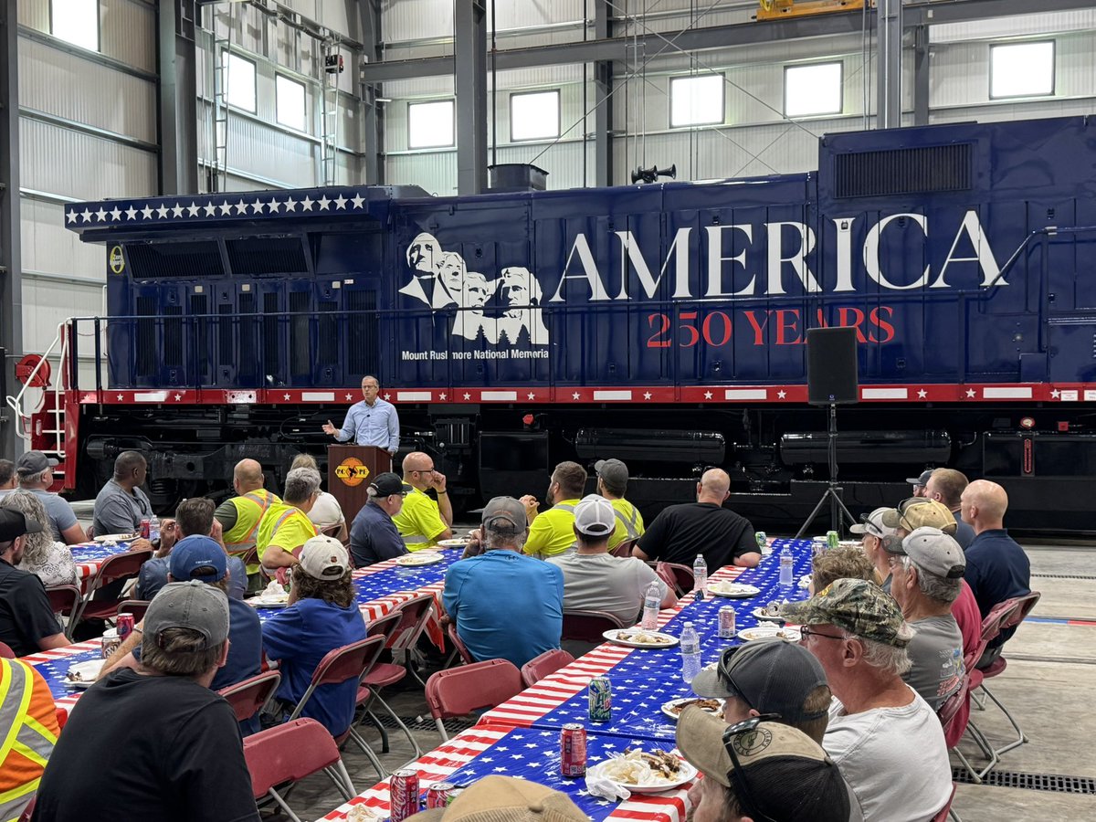 LeaderJohnThune's tweet photo. Enjoyed speaking at RCP&amp;E’s America 250 luncheon in Huron today. Grateful for all the hardworking employees who help keep our trains running. https://t.co/IxilEhRKeR