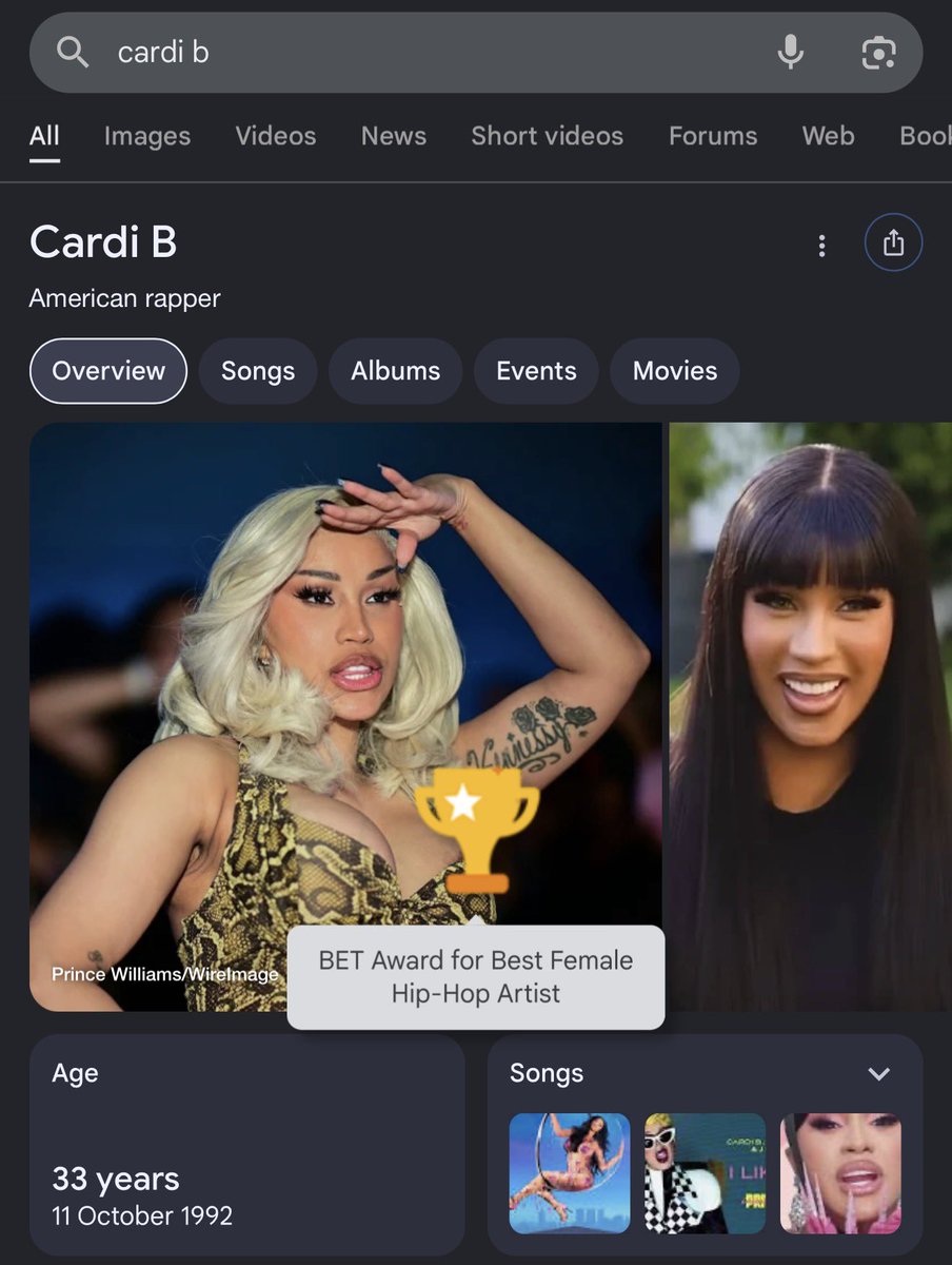 cardirated's tweet photo. When you search “Cardi B” on Google, an animation of an award trophy appears, celebrating her BET Award win for ‘Best Female Hip Hop Artist’ 🏆👀 https://t.co/hdsIVBLOQQ