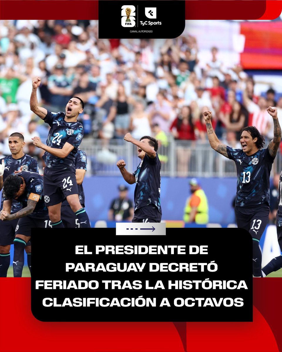 TyCSports's tweet photo. ✍️ Santiago Peña, presidente de Paraguay, decretó feriado nacional tras el triunfo de la Albirroja en los penales ante Alemania: "¡Paraguay nunca se rinde! ¡feriado, carajo!", expresó el político en sus redes. https://t.co/RCgbKS6U0r