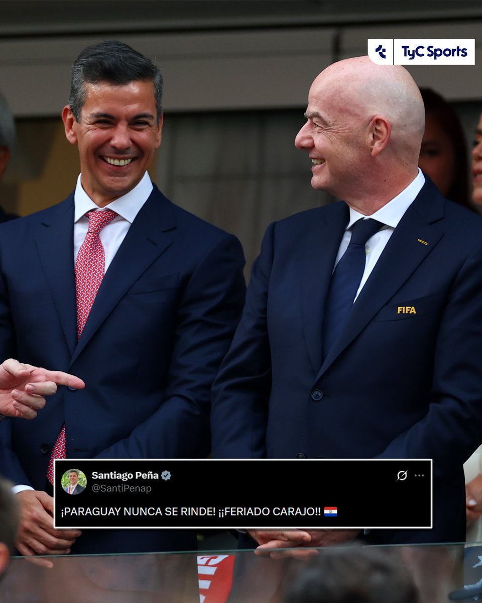 TyCSports's tweet photo. ✍️ Santiago Peña, presidente de Paraguay, decretó feriado nacional tras el triunfo de la Albirroja en los penales ante Alemania: "¡Paraguay nunca se rinde! ¡feriado, carajo!", expresó el político en sus redes. https://t.co/RCgbKS6U0r