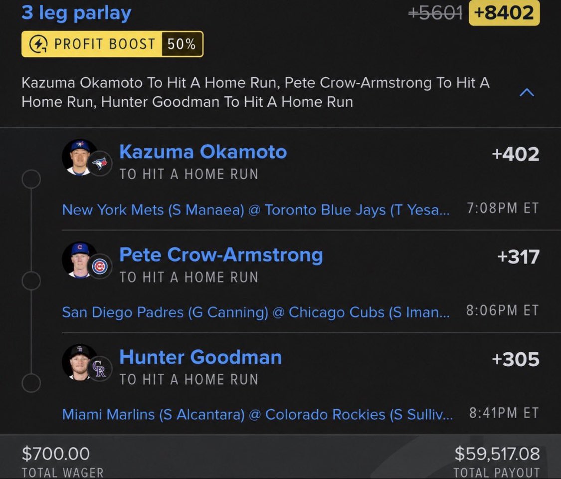 XTREMEPICKf's tweet photo. this 3-leg HR parlay cashes… what’s 

the first thing you’re buying with 

$59,517.08? 👀💸🔥
@Playbook https://t.co/cM1YlX2XkZ
