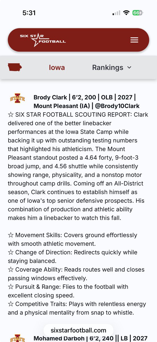 Brody10Clark's tweet photo. Thank you @sixstarfootball for the write up @CycloneFB @CoachBobbit https://t.co/mawMLBKwNn
