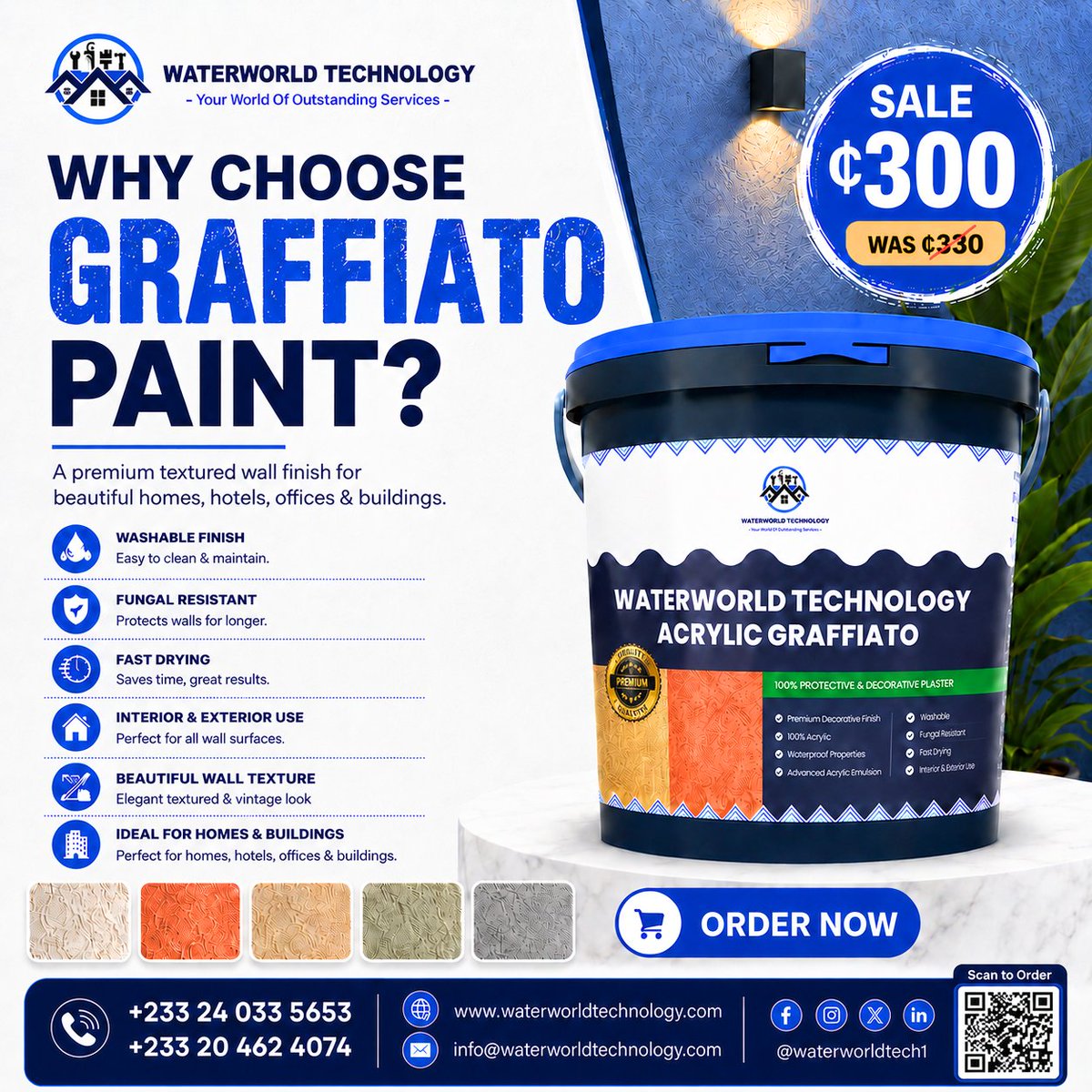 WaterWorldTech1's tweet photo. Waterworld Technology Acrylic Graffiato Paint gives walls a premium textured finish.

Washable • fungal resistant • fast drying • interior &amp; exterior use

Sale Price: ₵300
Was: ₵330

Call: +233 24 033 5653 / +233 20 462 4074
https://t.co/aXDJEcdVYK

#GraffiatoPaint https://t.co/ylr7aE3P1c