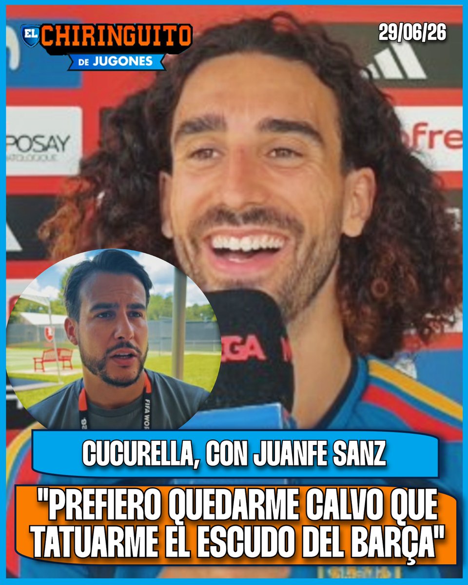 elchiringuitotv's tweet photo. 🤣 "Prefiero quedarme CALVO que TATUARME el escudo del BARÇA".

Las palabras de Cucurella con @JuanfeSanzPerez, en la portada de @elchiringuitotv. https://t.co/bPiVn2pvRL