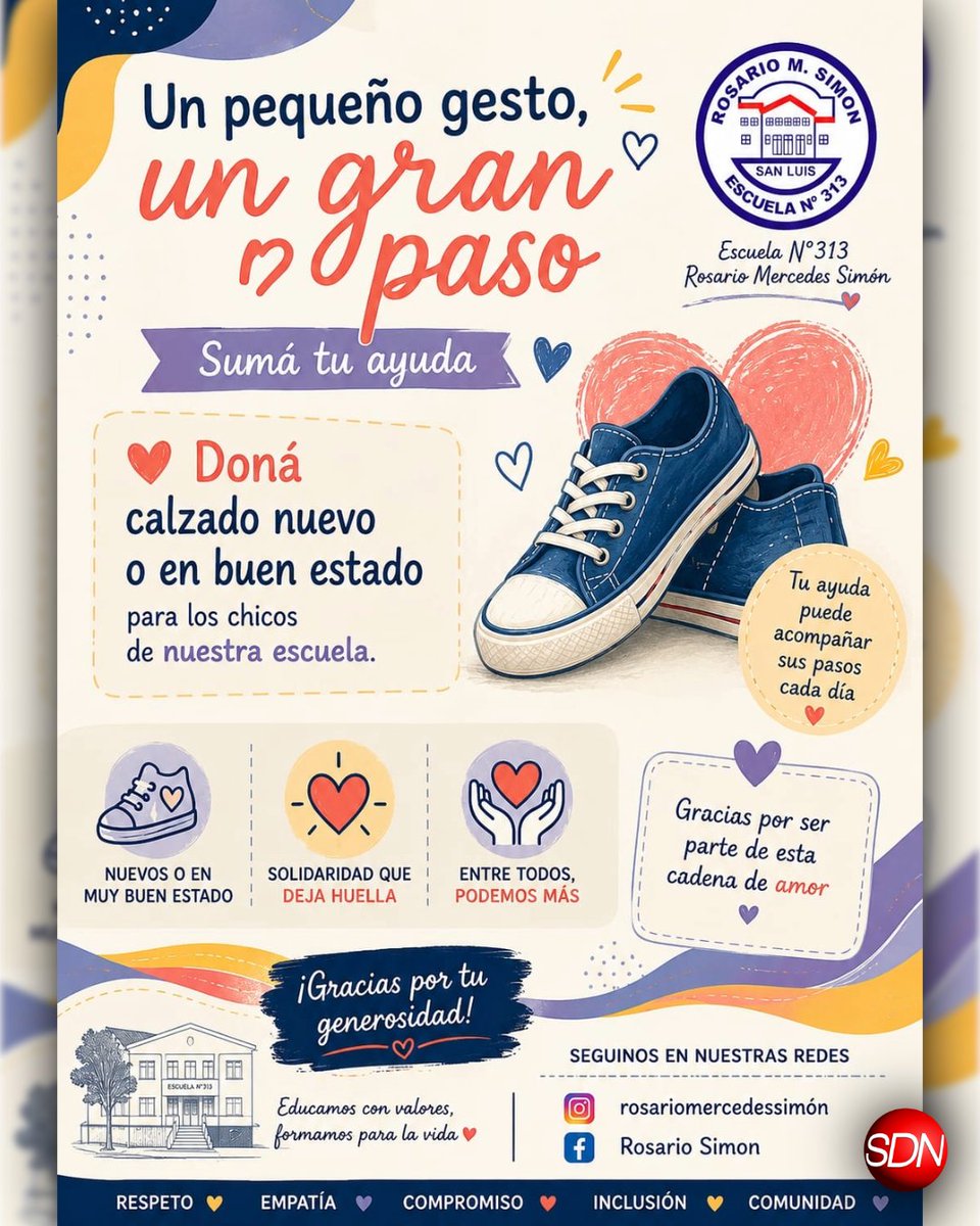 SDN_Digital's tweet photo. "Un pequeño gesto, un gran paso". La Escuela N° 313 "Rosario Mercedes Simón" de San Luis inició una colecta de calzado nuevo o en buen estado para sus estudiantes. Sumá tu ayuda para acompañar sus pasos cada día.

https://t.co/UHhh5XPnqP https://t.co/Z1LXf2Cb3q