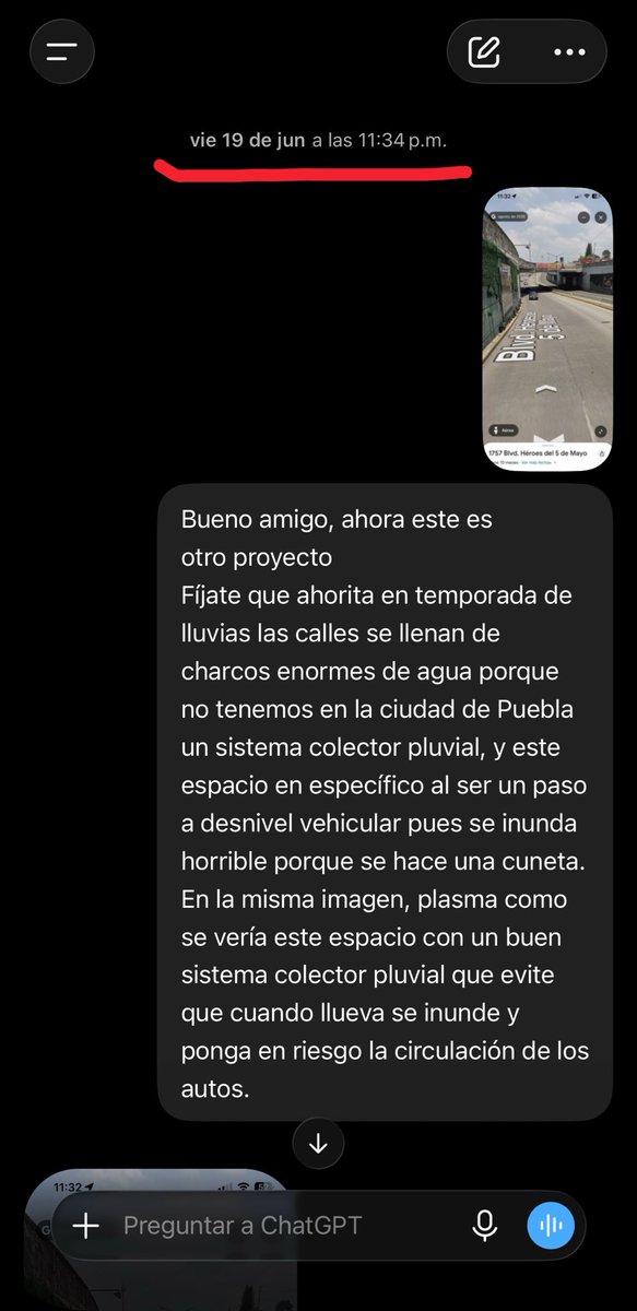 JBauchoa's tweet photo. Hace unos días, en mi ansiedad hablé con ChatGPT sobre la falta de sistema pluvial en Puebla y como ejemplo le puse el paso a desnivel de “San José”, le pedí que le hiciéramos ajustes y si bien es cierto es una IA, su resultado fue mejor que la del gobierno presente y pasado

1/3 https://t.co/CVFk00Jdp6