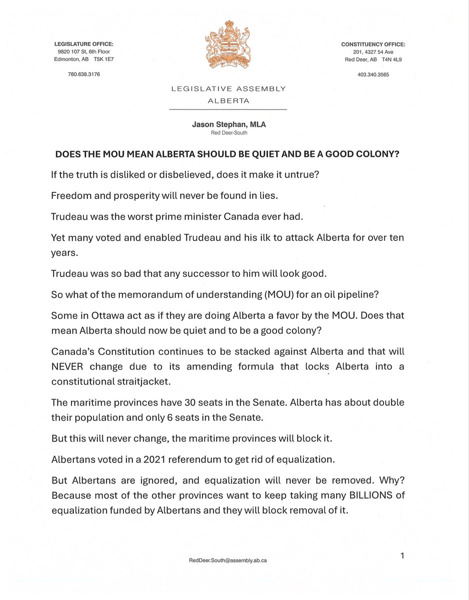 AlbertaNumber1's tweet photo. This is my op-ed titled “Does the MOU mean Alberta should be quiet and be a good colony?" Ottawa has made Canada un-investable. No pipeline company is going to put billions of investor capital at risk without government backstops to de-risk the un-investable environment. https://t.co/r7bWiLhjtA