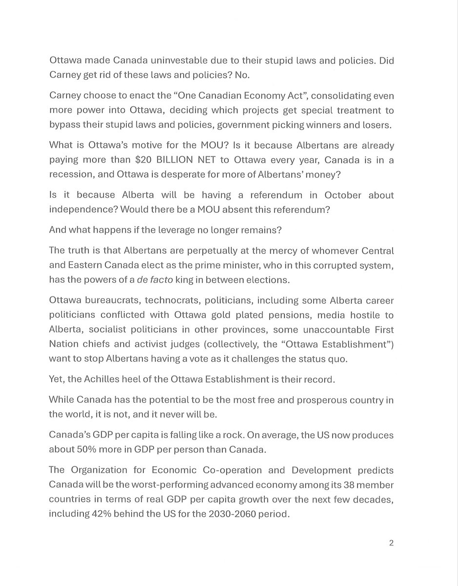 AlbertaNumber1's tweet photo. This is my op-ed titled “Does the MOU mean Alberta should be quiet and be a good colony?" Ottawa has made Canada un-investable. No pipeline company is going to put billions of investor capital at risk without government backstops to de-risk the un-investable environment. https://t.co/r7bWiLhjtA