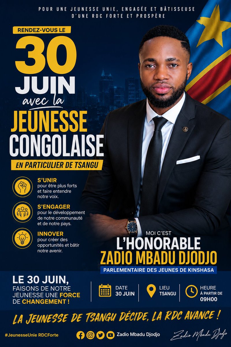 zadioluz's tweet photo. 🇨�� 30 JUIN – JOUR DE L'INDÉPENDANCE DE LA RÉPUBLIQUE DÉMOCRATIQUE DU CONGO 🇨🇩
En cette journ��e historique, j'adresse mes vœux les plus sincères à toute la jeunesse congolaise, en particulier à celle du District de la Tshangu. https://t.co/MaMxFGVD2y