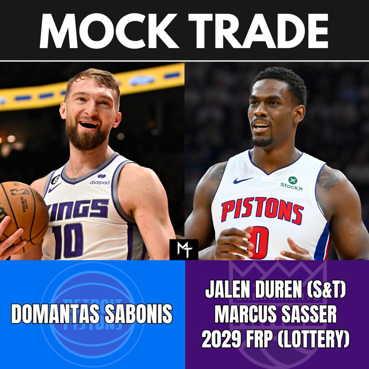 DeadlineMocks's tweet photo. 🚨MOCK TRADE🚨

Jalen Duren has grown frustrated after Detroit lowballed him and is interested in a S&amp;T to the #Kings, who are also actively looking to dump Sabonis’ contract.

Who says no? 🤔 https://t.co/twbRMtk71b