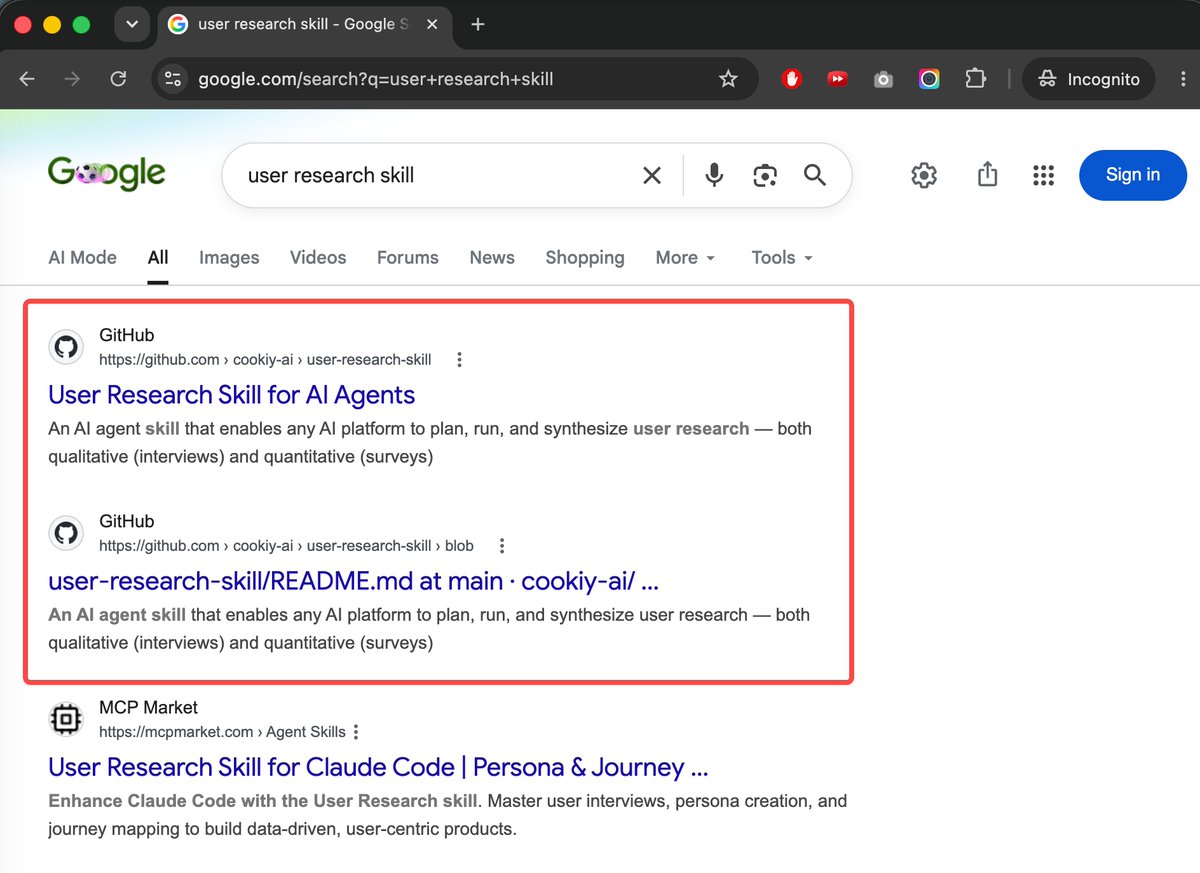 DavinYCD's tweet photo. Claude Code can NOT save you from a bad idea, until this skill.
Just google search “user research skill”, the first one is all you need.
Thank me later :) https://t.co/BYGBs3pRCx