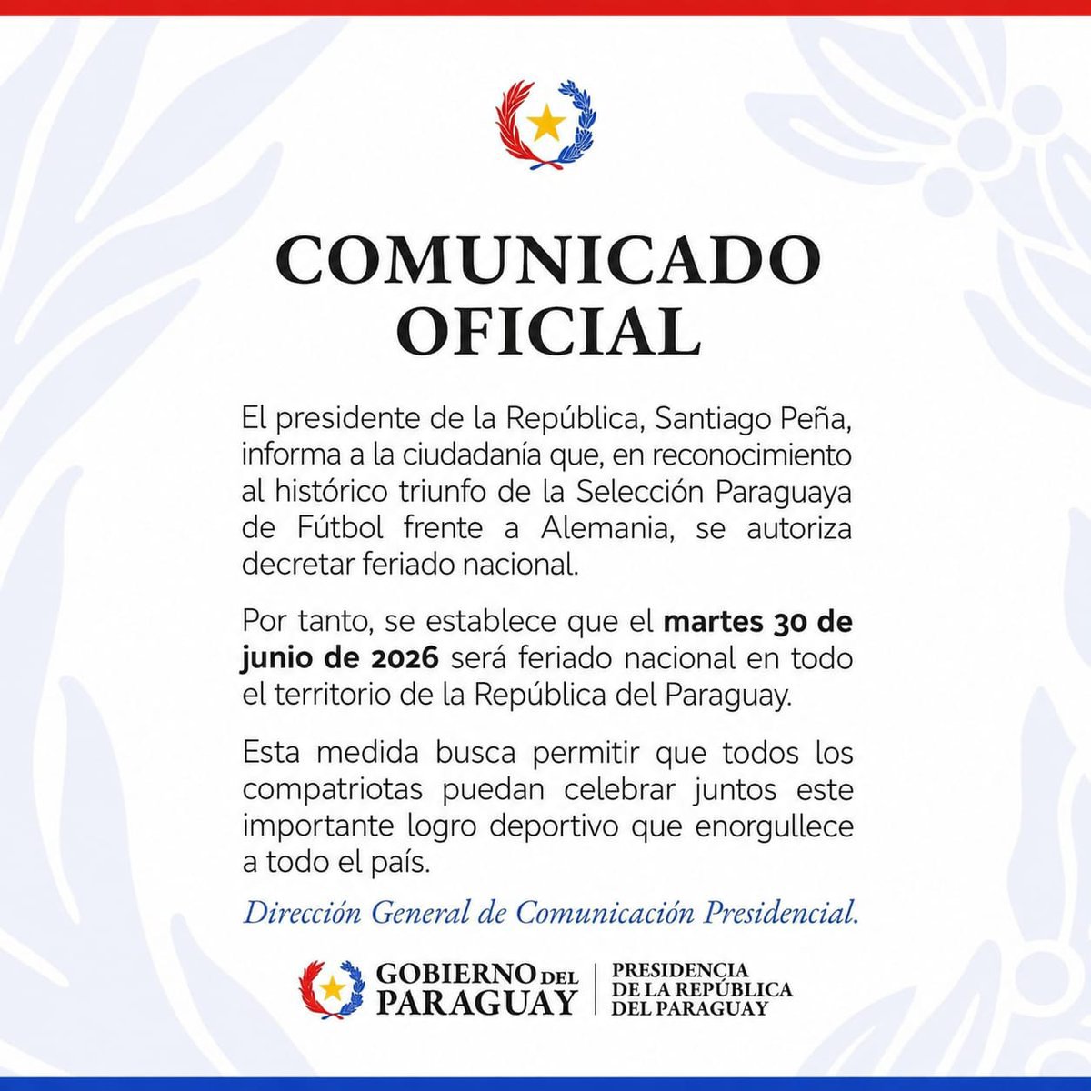 SanMarinoTeam's tweet photo. El gobierno de Paraguay decretó FERIADO NACIONAL tras el triunfo histórico ante Alemania en el Mundial. 🔥🇵🇾 https://t.co/oKqIckG2Jc