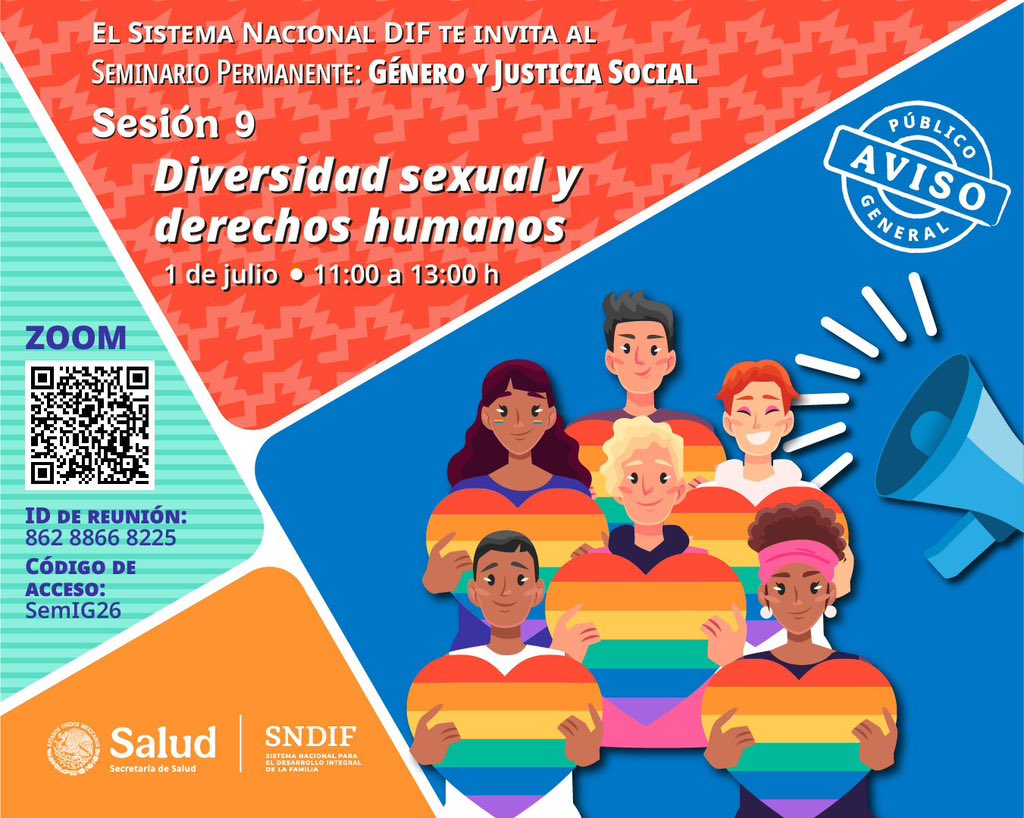 DIF_NMX's tweet photo. ¡Construyamos inclusión! ➕

Empieza julio ampliando tu conocimiento e informándote acerca de la diversidad sexual 🏳️‍🌈

Desde un enfoque de #DDHH participa en la 9 sesión el miércoles 1 de julio a las 11 H🗓️

🔵ZOOM
🆔 862 8866 8225
🔑 SemIG26 https://t.co/Dfqruj6JBz