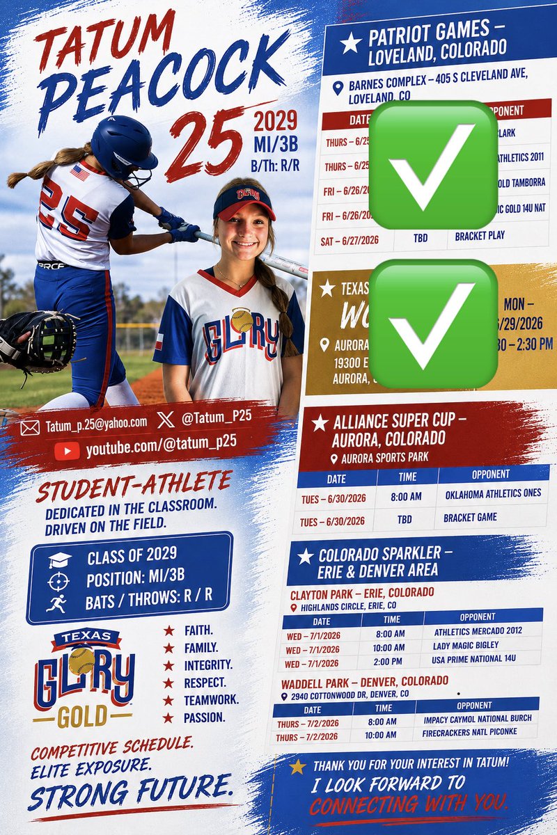 Tatum_P25's tweet photo. @TexasGlory Org. Workout ✅
@thealliancefp Super Cup 8am
Be there. 1 mission…keep it home at the Halo 😇 ❤️🤍💙. #supercup #repeat #keepithome #softball
@14uTxGloryGold @RawlingsSB @EastonFastpitch @BSNSPORTS @LineDsoftball @ExtraInningSB @SoftbalAmerica @PrepSoftball @ScoutSoftball @D1Softball @GMsportsmedia1