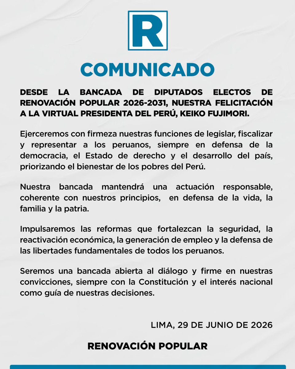Renovacion_Peru's tweet photo. 🚨 #𝐂𝐎𝐌𝐔𝐍𝐈𝐂𝐀𝐃𝐎 | La Bancada de Diputados electos de Renovación Popular se dirige a la opinión pública para expresar lo siguiente: https://t.co/S5WmU3IfoD